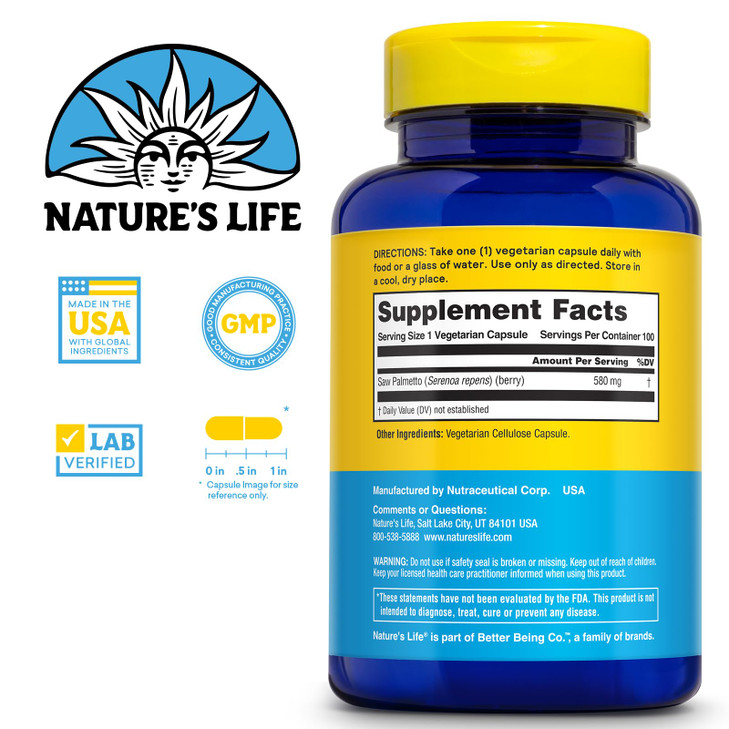 Nature's Life Saw Palmetto for Men 580mg - Traditional Prostate Supplement - Men's Health, Prostate and Urinary Tract Support w/Beta Sitosterol Plant