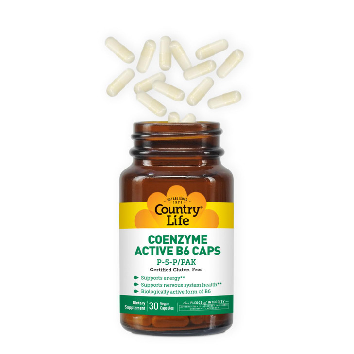 Country Life Coenzyme Active B-6, 50mg Vitamin B6-30 Vegetarian Capsules - Supports Energy, Nervous & Immune Systems - 25mg P-5-P Vitamin B6 - Certif