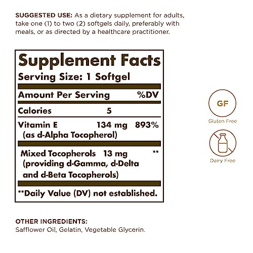 Solgar Vitamin E 200 IU - 100 Softgels - Natural Antioxidant, Immune System Support - Gluten Free, Dairy Free - 100 Servings