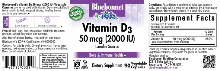 Bluebonnet Vitamin D3 2000 IU Vegetable Capsules, 90 Count