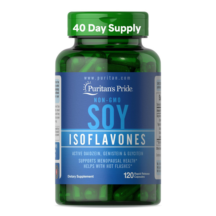 Puritan's Pride Non-GMO Soy Isoflavones 750mg, Dietary Supplement with Active Daidzein, Genistein, and Glycitein Supports Menopause and Hot Flashes,