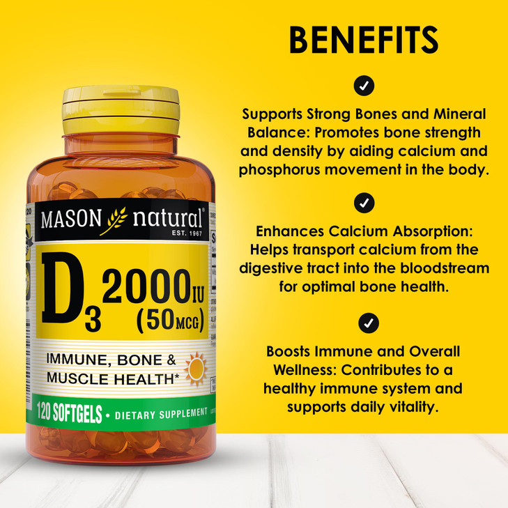 MASON NATURAL Vitamin D3 2,000 IU Ultra Strength, Supports Bone Density, Strength & Immune Health, 120 Softgels