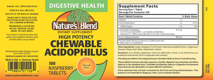 Nature's Blend Acidophilus Probiotic Supplement - 100 High Potency Capsules - Digestive Health, Gut Flora Balance