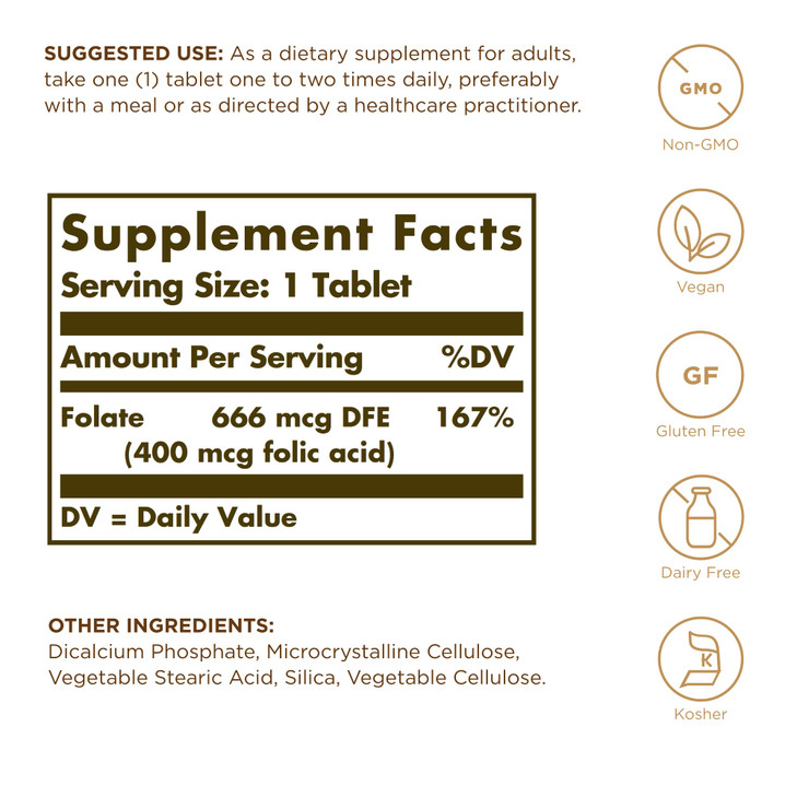 Solgar, Folic Acid 400 Mcg Tablets, 250 Count