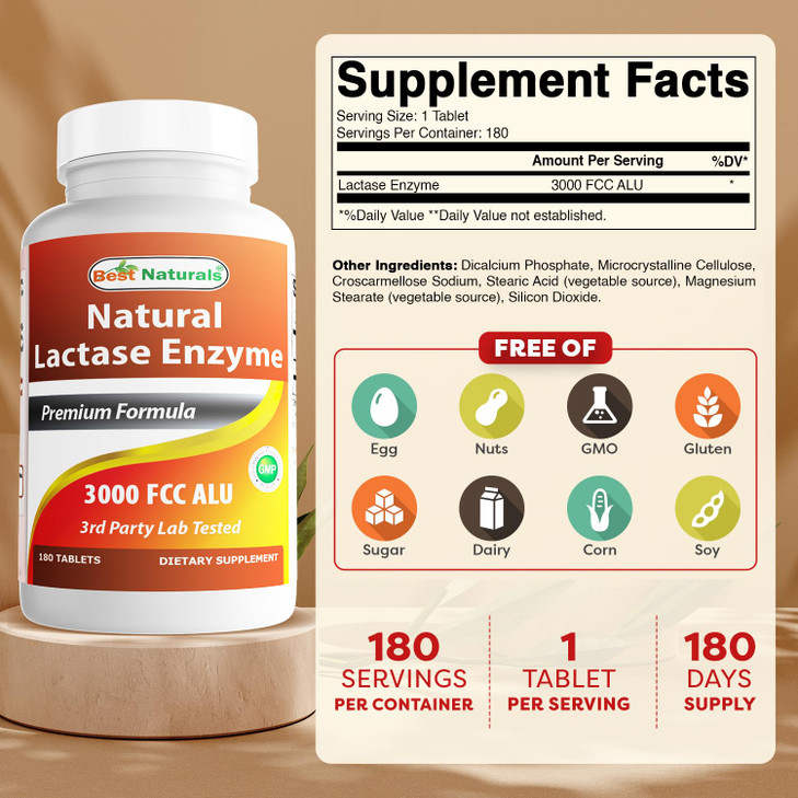Best Naturals Fast Acting Lactase Enzyme Tablet, 3000 Fcc Alu, 180 Count (859375002900)