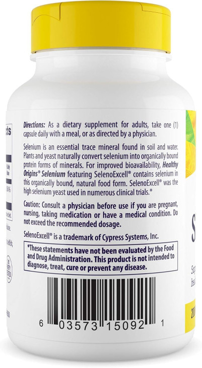 Healthy Origins Selenium 200 mcg (Seleno Excell, Fermented, Non-GMO, Gluten Free, Bladder Support, Immune Function, Cellular Support), 180 Capsules