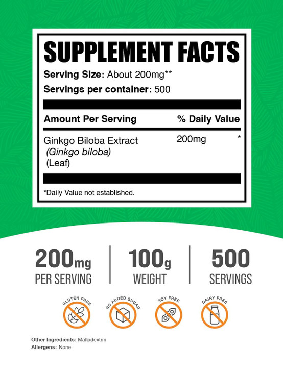 BulkSupplements.com Ginkgo Biloba Extract Powder - from Ginkgo Biloba Leaf, Antioxidant Source, Herbal Supplement - Gluten Free, 200mg per Serving, 1