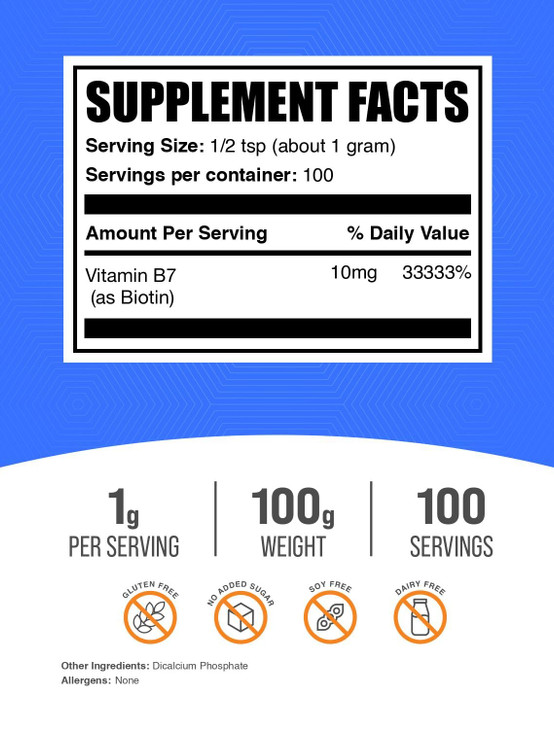 BulkSupplements.com Biotin 10000mcg Powder - Vitamin B7, Vitamins for Hair, Skin, and Nails - Gluten Free, 1g per Serving (10mg Biotin), 100g (3.5 oz
