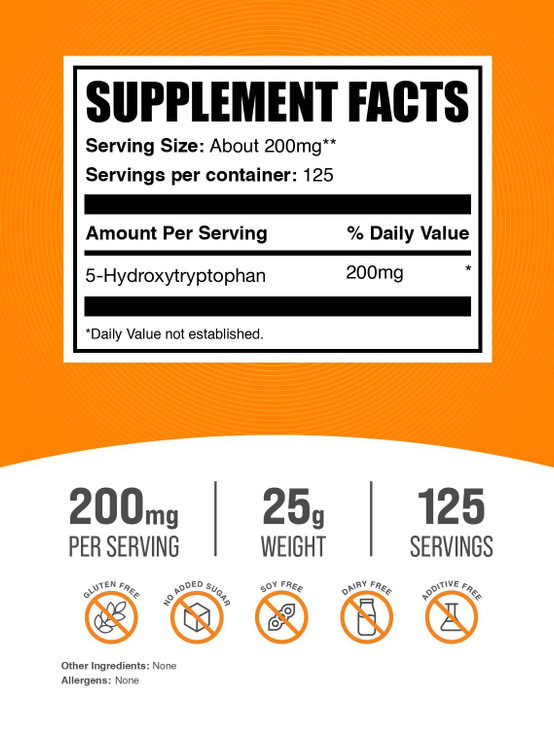 BulkSupplements.com 5-HTP Powder - 5-Hydroxytryptophan, 5 HTP Supplement - 5-HTP 200mg, Mood Support Supplement - Gluten Free, 200mg per Serving, 25g