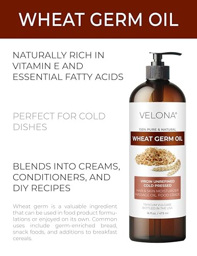 velona Wheat Germ Oil USP Grade 8 fl oz | 100% Pure and Natural Carrier Oil | Unrefined, Cold Pressed | Cooking, Face, Hair, Body & Skin Care | Use T