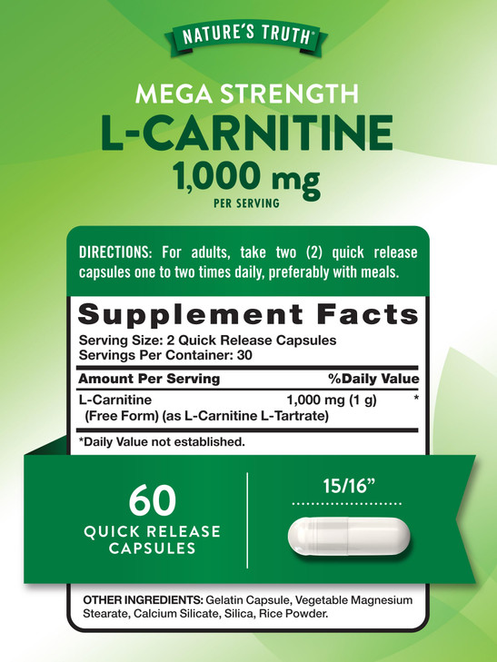 Nature's Truth L-Carnitine 1000mg | 60 Capsules | Mega Strength | Free Form | Non-GMO & Gluten Free Supplement