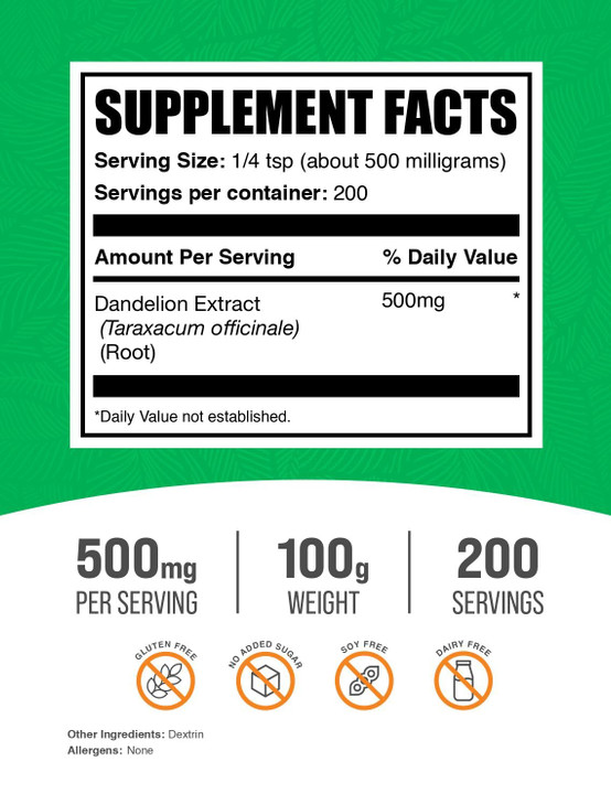 BulkSupplements.com Dandelion Root Extract Powder - Dandelion Root Supplement, Herbal Supplement - Vegan & Gluten Free, 500mg per Serving, 100g (3.5