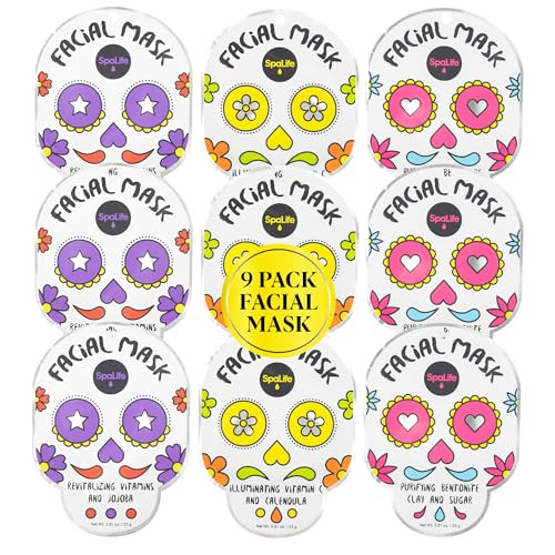 SpaLife Dia de Muertos Facial Mask Variety Pack - 9 Count for Hydrating and Refreshing Skin Care Korean Sheet Masks - Moisturizing Face Mask Sheets f
