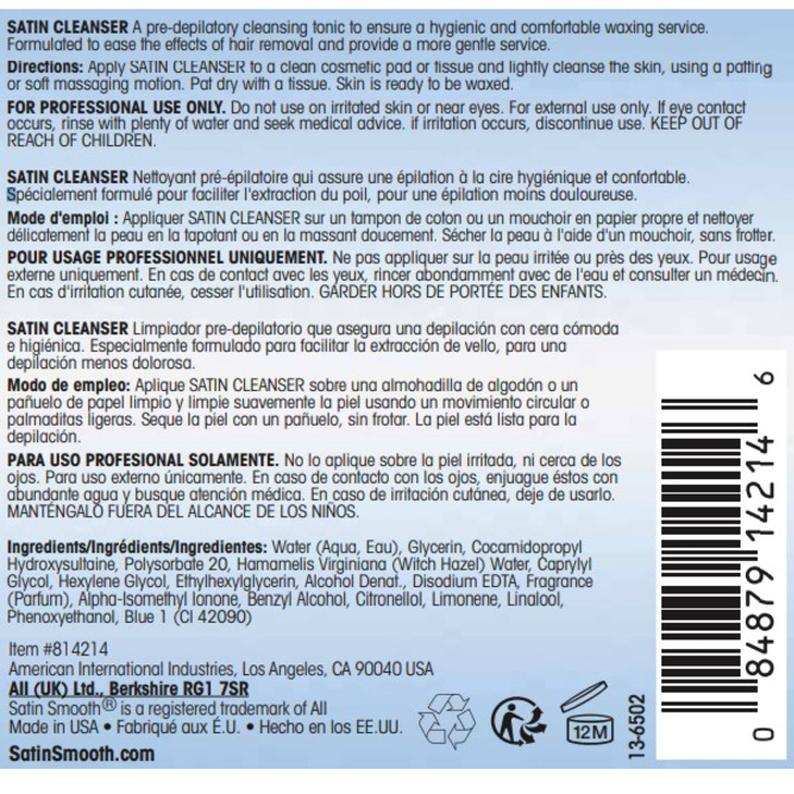 SATIN SMOOTH Pre Wax Cleanser - Antiseptic Skin Prep for Pre Wax Hair Removal, Deep Cleansing & Irritation-Free Waxing, AfterWax Care, 4 oz, 2-Pack