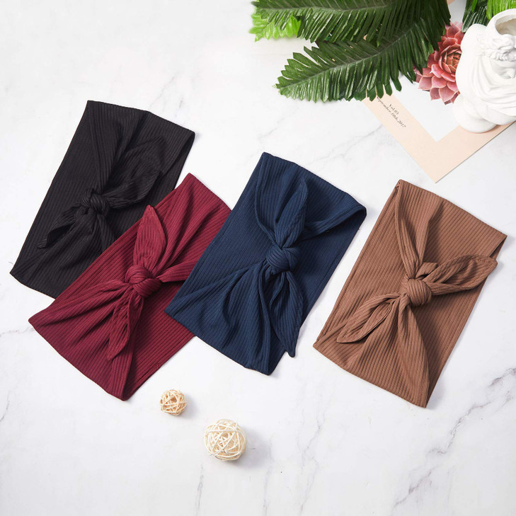 Syhood 4 Pieces Ribbed Headband Ribbed Stretch Bandie Stretchy Hairband Soft Head Wrap Turban Headband Boho Hair Band for Women Hair Accessories, 4 C
