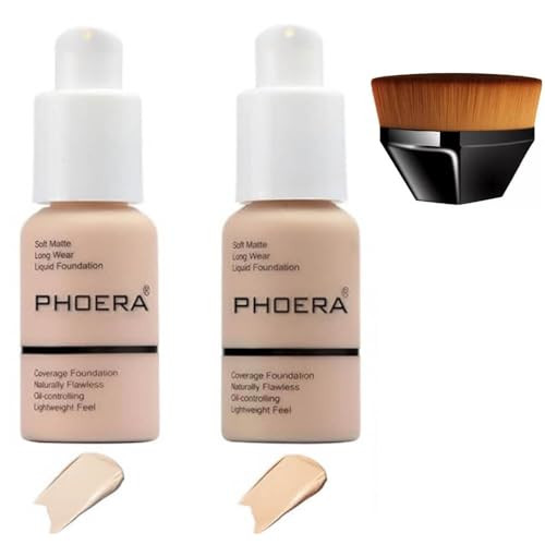 2 Pcs Liquid Foundation 101 and 102 with Kabuki Foundation Brush Flat Top,Full Coverage Foundation Makeup Set,30ml 24HR Matte Oil Control Concealer(P