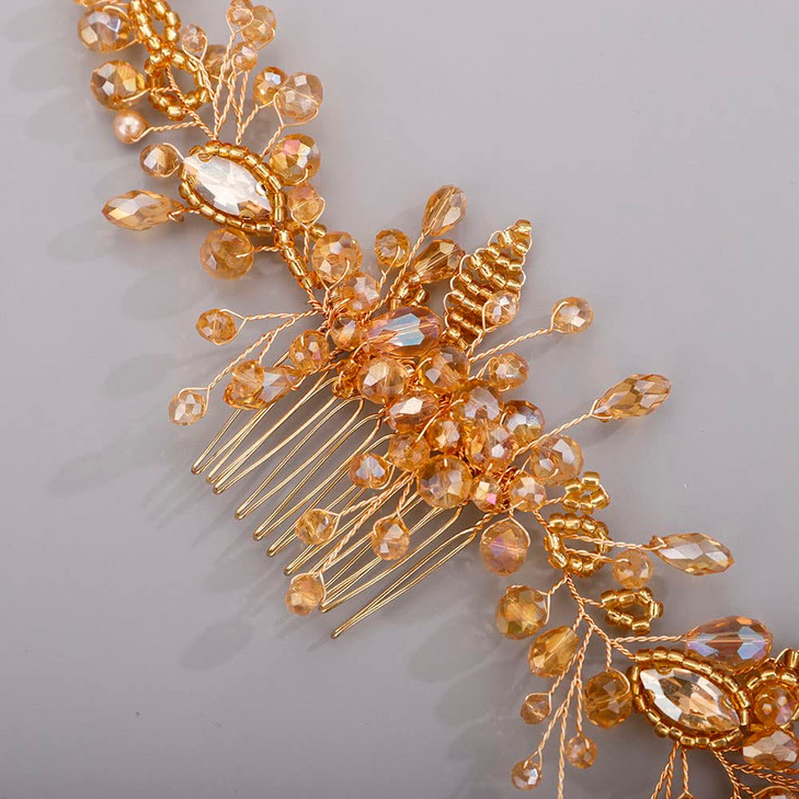Chargances Crystal Beaded Bridal Pearl Leaf Hair Comb Rhinestone Handmade Headpiece for Wedding Prom Flower Girl (Orange)