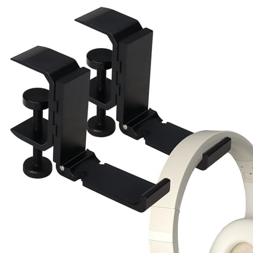 Realand 2Pcs Foldable Headphone Stand Hanger Holder, Under Desk Aluminum Headset Stand Hook with Cable Clip, Clamp Desk Hook for Purse Bag Backpack,