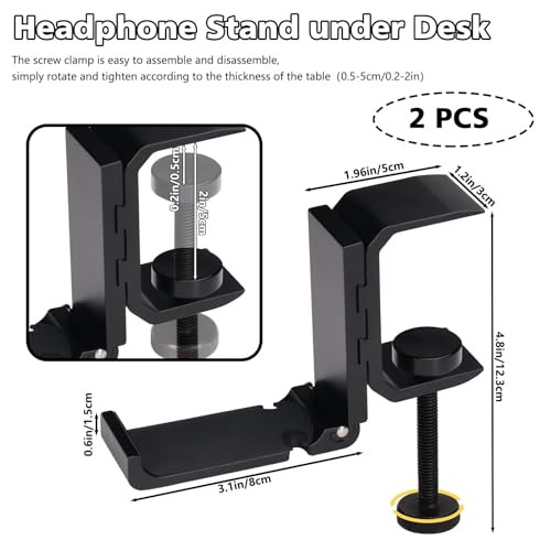 Realand 2Pcs Foldable Headphone Stand Hanger Holder, Under Desk Aluminum Headset Stand Hook with Cable Clip, Clamp Desk Hook for Purse Bag Backpack,