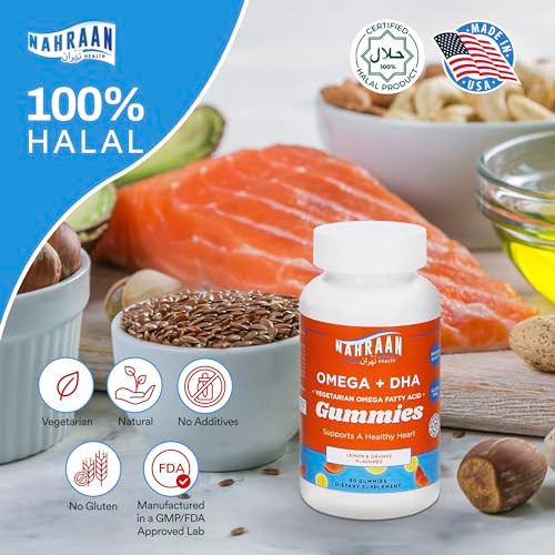NAHRAAN HEALTH Halal Omega 3 for Adults & Kids - Omega 3 Vegetarian Gummies with Lemon & Orange Flavor - Adults and Kids Gummies - 60 Count