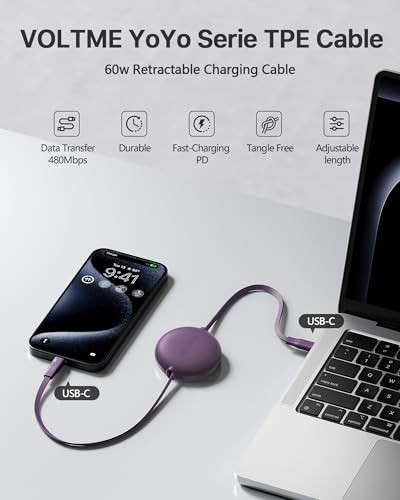 VOLTME 60W Retractable USB C Cable, USB C to USB C Cord, 4-Stage Length Preset iPhone Charger Cord Fast Charging for iPhone 17/16/15 Series,Galaxy S2