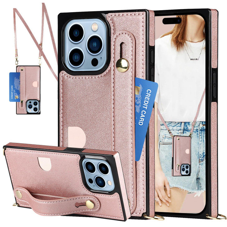 CCSmall Crossbody Case for iPhone 16 Pro Max with Lanyard Strap for Women, PU Leather Adjustable Wrist Strap Kickstand with Card Holder Wallet Phone