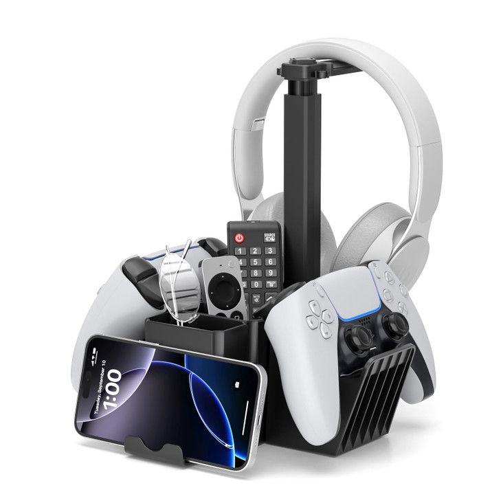 KDD Dual Controller Holder with Headphone Stand - Multi-Functional Desk Storage Box with Phone Holder - Universal Controller Stand with Desktop Organ