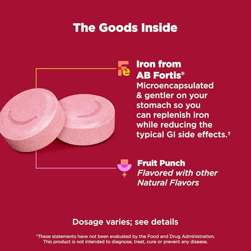 OLLY Delightful Iron Chewable Tablet, Iron Supplement from AB Fortis, Fruit Punch Flavored, 30 or 20 Day Supply - 60 Count