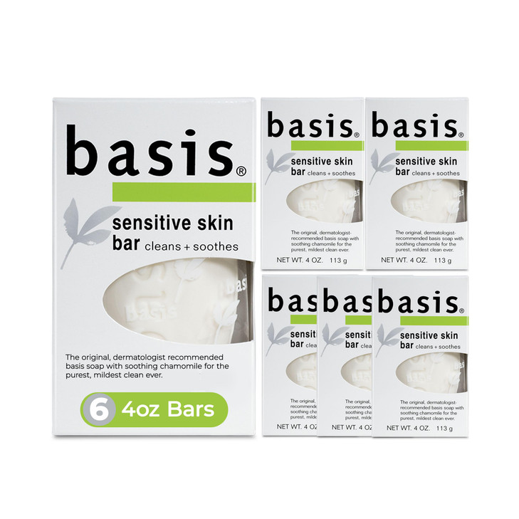 Basis Sensitive Skin Bar Soap for Body, Hands and Face, Unscented Soap Bar for Sensitive Skin with Chamomile and Aloe Vera, Bar Soap Bulk Pack, 4 Oz