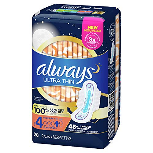 Always Ultra Thin Feminine Pads for Women with Wings, Size 4, Overnight Absorbency, Unscented, 28 Count (Pack of 1)
