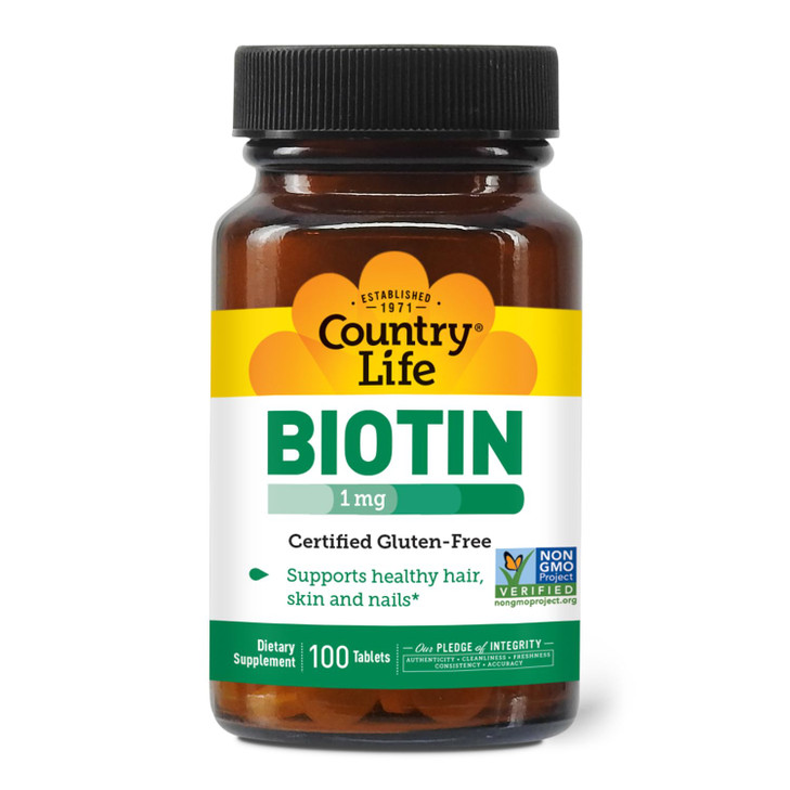 Country Life Biotin 1mg Supports Healthy Hair, Skin & Nails, 100 Tablets, Certified Gluten Free, Certified Vegan, Certified Halal, Non-GMO Verified