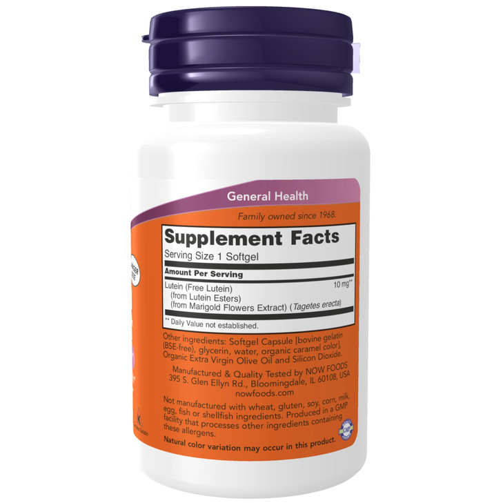 NOW Foods Supplements, Lutein 10 mg with 10 mg of Free Lutein from Lutein Esters, 120 Softgels