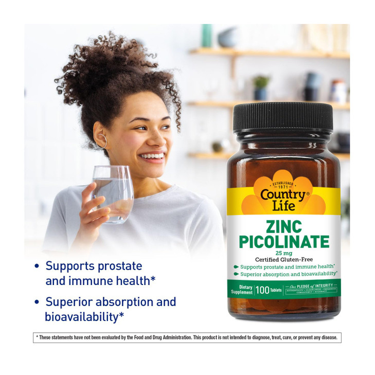 Country Life Zinc Picolinate 25 mg - Superior Absorption Zinc Supplement for Immune Support, Prostate Health & Cellular Wellness - Certified Gluten-F