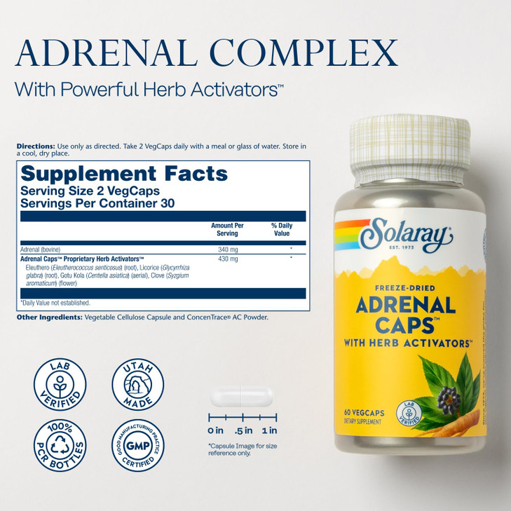 SOLARAY Adrenal Caps, Freeze-Dried - Wellness Support Adrenal Cocktail with Herb Activators Eleuthero, Gotu Kola, Licorice and Clove - Lab Verified,
