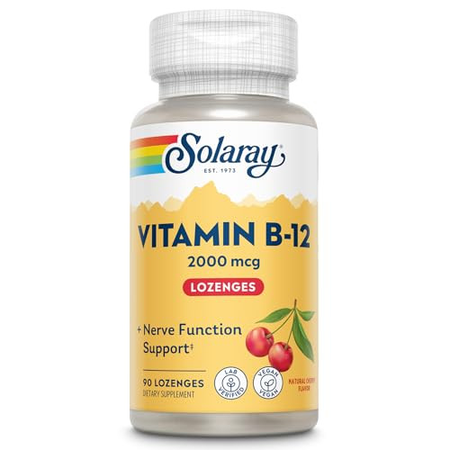 SOLARAY Vitamin B12 2000 mcg Lozenges - No Sugar, Natural Cherry Flavor Vitamin B 12 Supplement for Nerve Function, Energy and Red Blood Cell Support