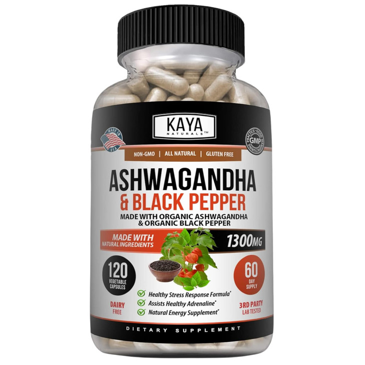Kaya Naturals Ashwagandha 1300mg, 120 Count Capsules for Stress Relief, Adrenal, Mood & Thyroid Support, Black Pepper and 100% Pure Ashwagandha -120