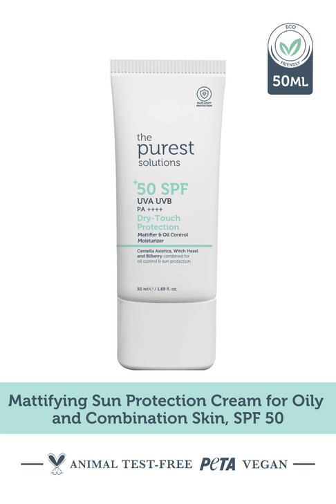 The Purest Solutions Dry-Touch Protection (Mattifier & Oil Control Moisturizer SPF 50+) - Combined with Witch Hazel & Bilberry - Oily Skin Type - Veg