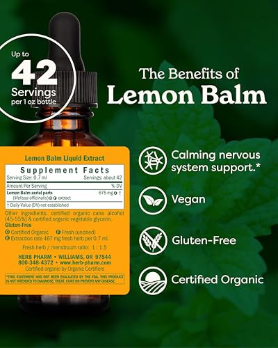 Herb Pharm Certified Organic Lemon Balm Liquid Extract for Calming Nervous System Support, Organic Cane Alcohol, 1 Ounce