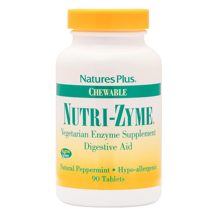 NaturesPlus Nutri-Zyme - 90 Chewable Tablets, Peppermint Flavor - Vegetarian Enzyme Supplement with Bromelain & Papain - Natural Digestive Aid - Glut
