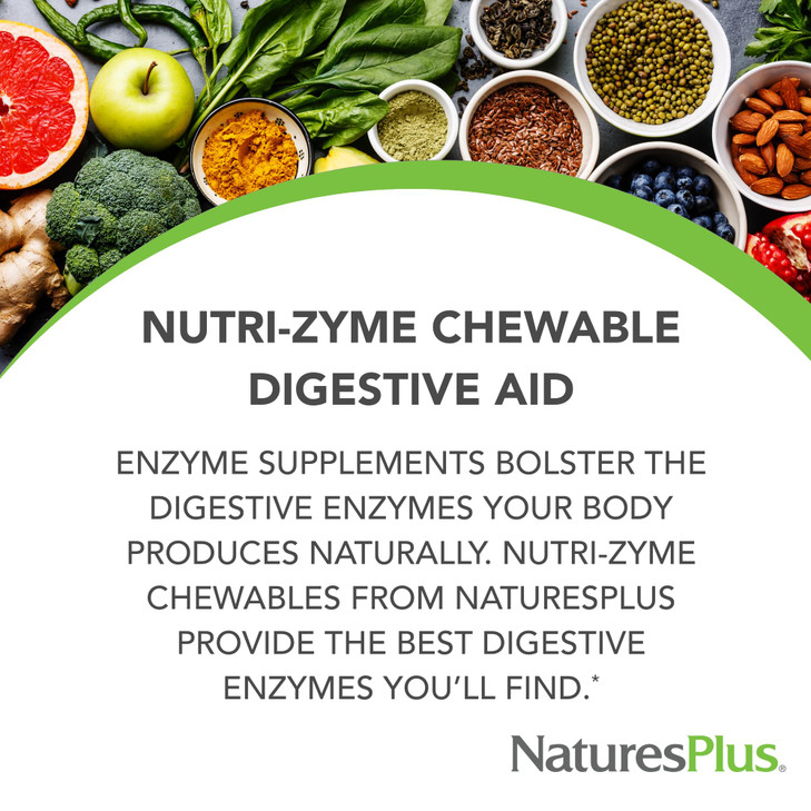 NaturesPlus Nutri-Zyme - 90 Chewable Tablets, Peppermint Flavor - Vegetarian Enzyme Supplement with Bromelain & Papain - Natural Digestive Aid - Glut