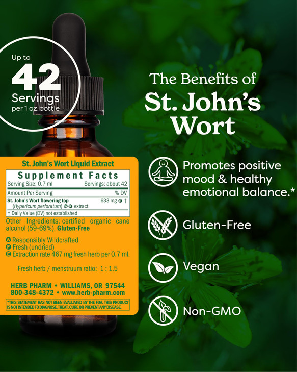 Herb Pharm St. John's Wort Liquid Extract for Positive Mood and Emotional Balance, Cane Alcohol, 1 Ounce