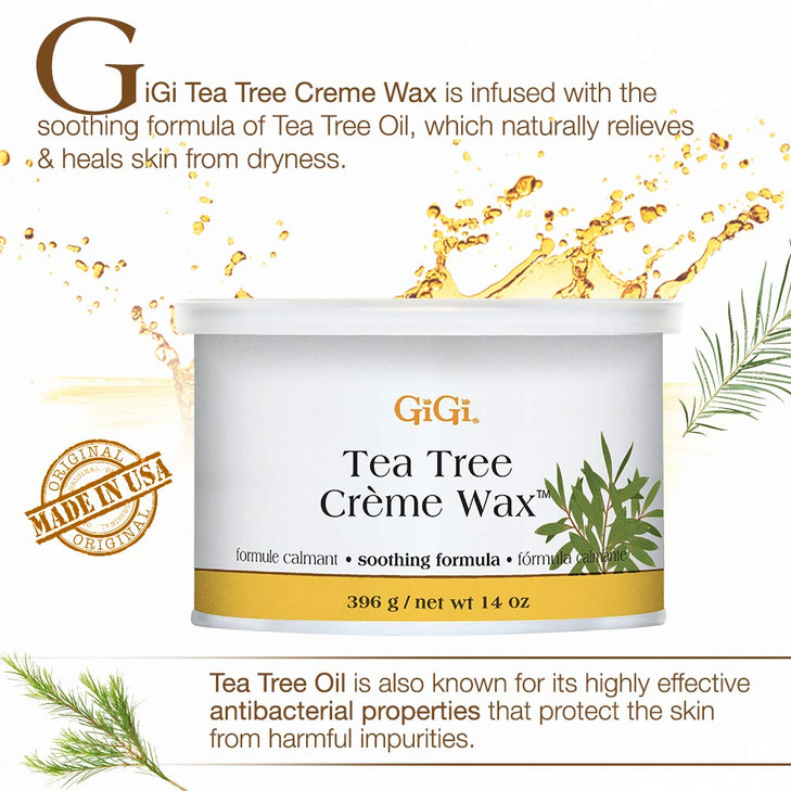 GiGi Tea Tree Crème Wax - Soothing Hair Removal Wax for Sensitive Skin, Soft Wax for Face & Body, Calming Formula with Tea Tree Oil, 14 oz
