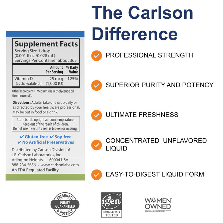 Carlson - Super Daily D3, Vitamin D Drops, 1,000 IU (25 mcg) per Drop, 1-Year Supply, Vitamin D3 Liquid, Heart & Immune Health, Vegetarian, Liquid Vi