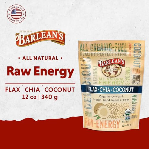 Barlean's Organic Flax Chia Coconut Seed Blend with 2,330 mg Omega 3 Fatty Acids, Fiber Supplement with Whole Chia Seeds and Ground Flaxseed, 12 oz