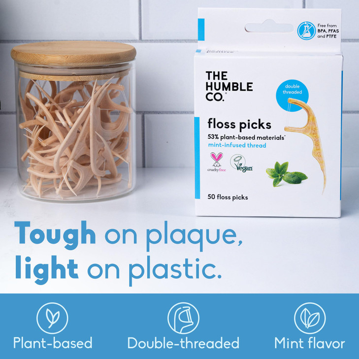 The Humble Co Dental Floss Picks for Teeth, 200 Count (Mint) - Double Thread Tooth Picks Flossers for Adults Gum Health - Toothpick Floss for Interde