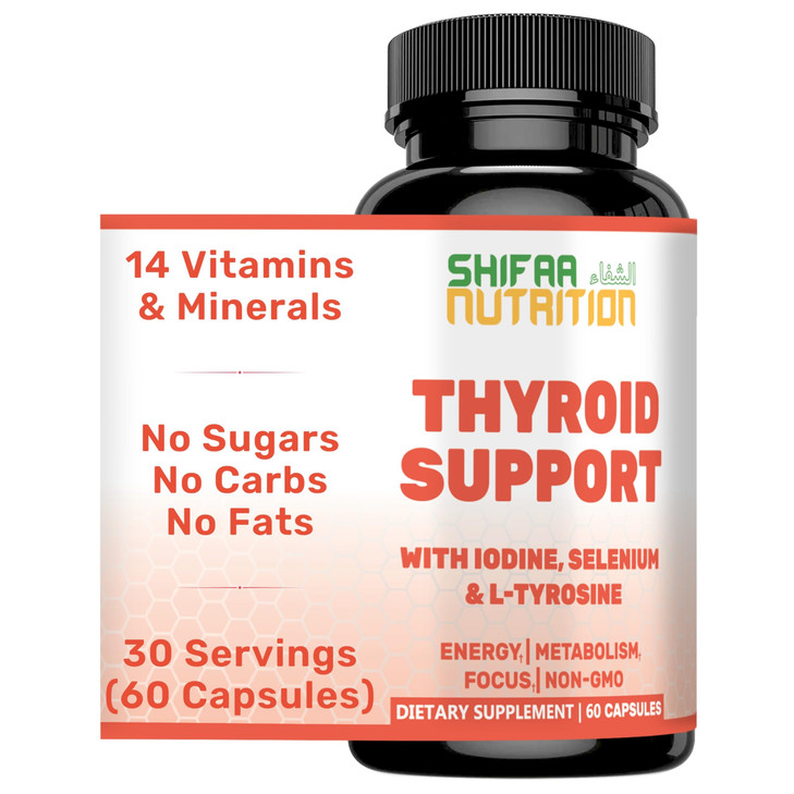 SHIFAA NUTRITION Halal Thyroid Support 30 Servings | Non-GMO Relief Supplement w/ B12, Iodine, Selenium, L-Tyrosine | Supports Energy, Metabolism, Fo