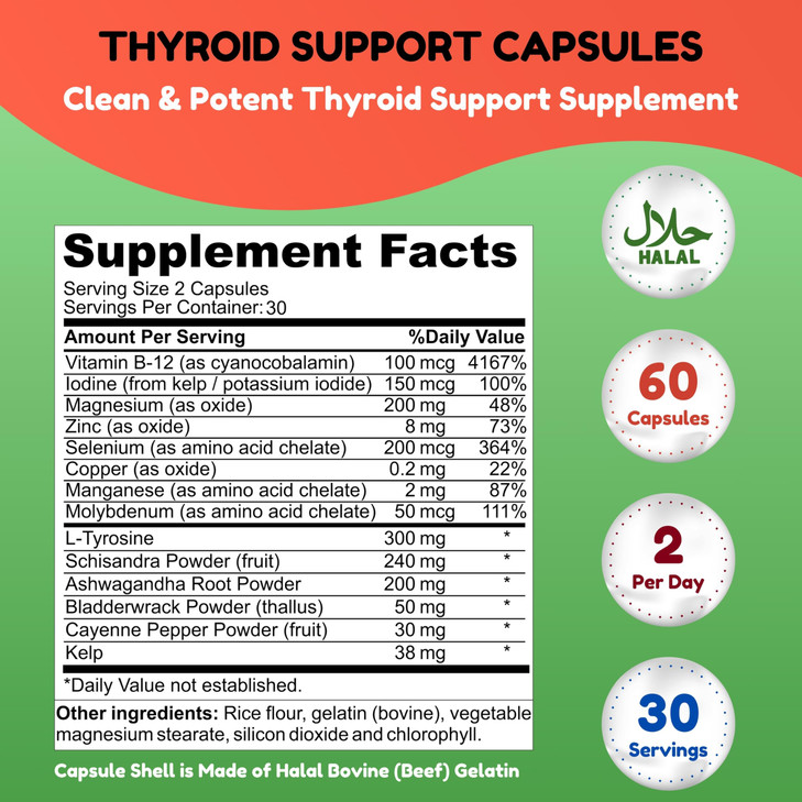 SHIFAA NUTRITION Halal Thyroid Support 30 Servings | Non-GMO Relief Supplement w/ B12, Iodine, Selenium, L-Tyrosine | Supports Energy, Metabolism, Fo