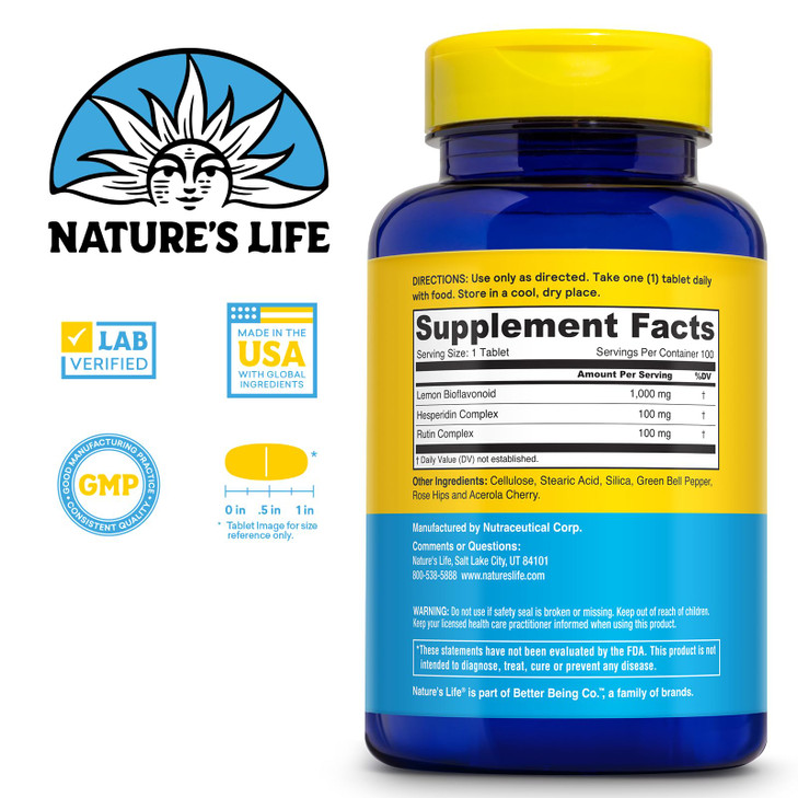 Nature's Life Lemon Bioflavonoids 1000mg - Citrus Bioflavonoids Supplement with Hesperidin and Rutin - Antioxidant and Cellular Support, Vitamin C Ab