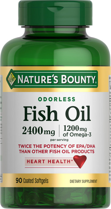 Nature's Bounty Odorless Fish Oil, 1200mg Omega-3 per Serving Including EPA & DHA, Supports Heart Health, Purified to Eliminate Mercury, Coated Softg