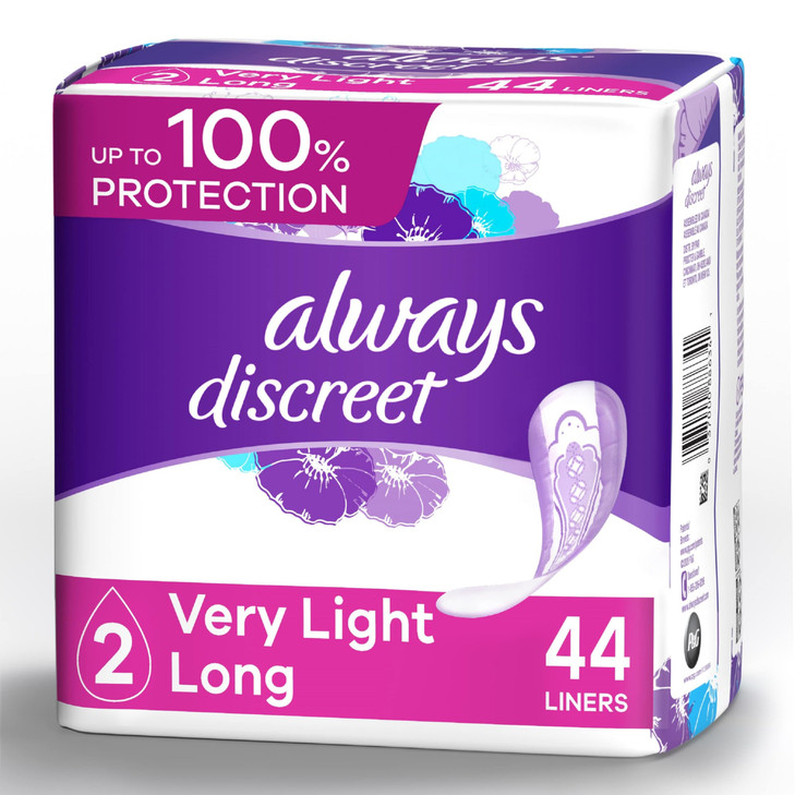 Always Discreet Incontinence Liners for Women, Very Light Absorbency, Long Length, 44 Count